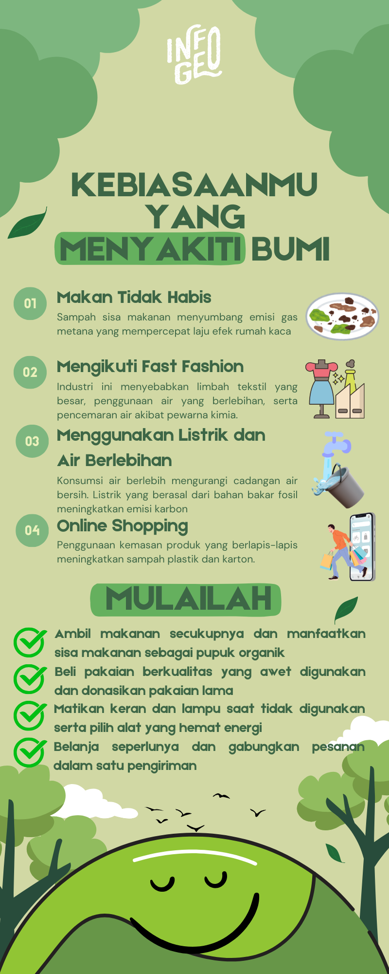 Gambar infografis yang memuat tentang kebiasaan sehari-hari yang dapat merusak bumi.